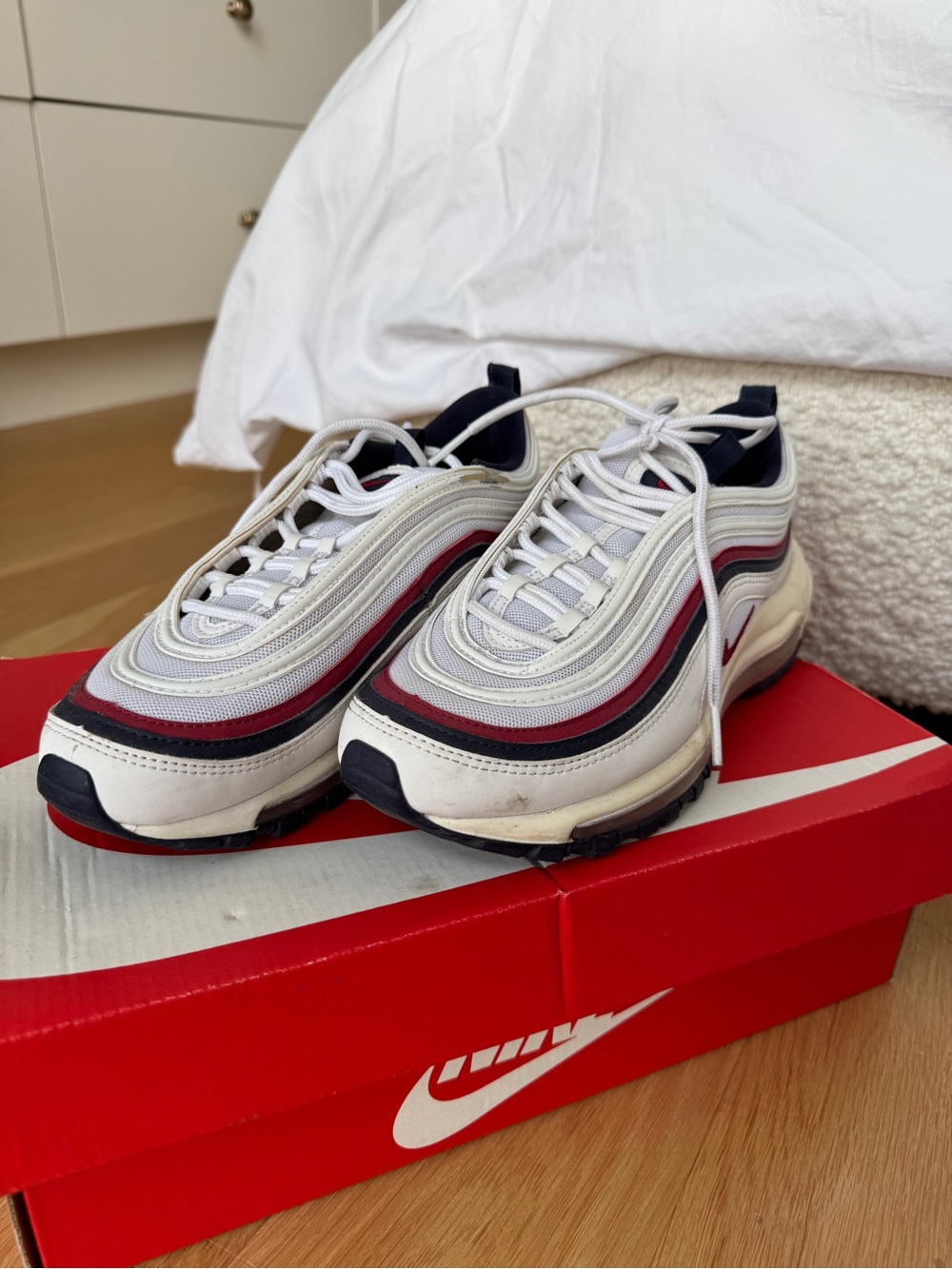 Nike Men’s Air Max 97 Sneakers — White, Navy & Red